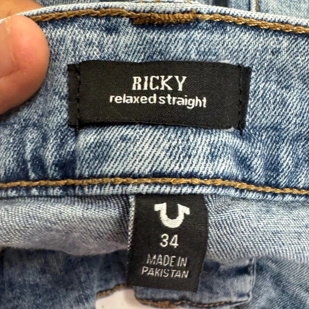 True Religion Ricky Relaxed Straight Leg Light Wash Blue Denim Jeans Mens 34